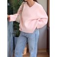 thumbnail image 3 of Women'S V Neck Sweaters Black Sweater Tops High Low Hem Fall Basic Knit Jumper Top Casual Sweater Pink XL, 3 of 5