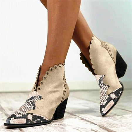 

Tejiojio Fall Clearance Women s Thick Heel Rivets With Pointed Toe Snake Pattern Ankle Boots
