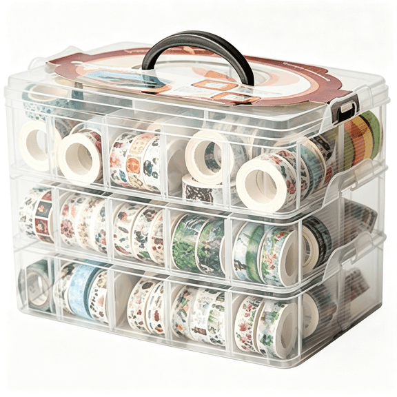 CCOCC Washi Tape Box Organizer Storage,Divider Closet Container,With 30 Adjustable Compartments,Clear,Masking Tape Desktop Tape Diy Sticker Roll Tape Cutter Holder Storage,Finger Safty Dispenser