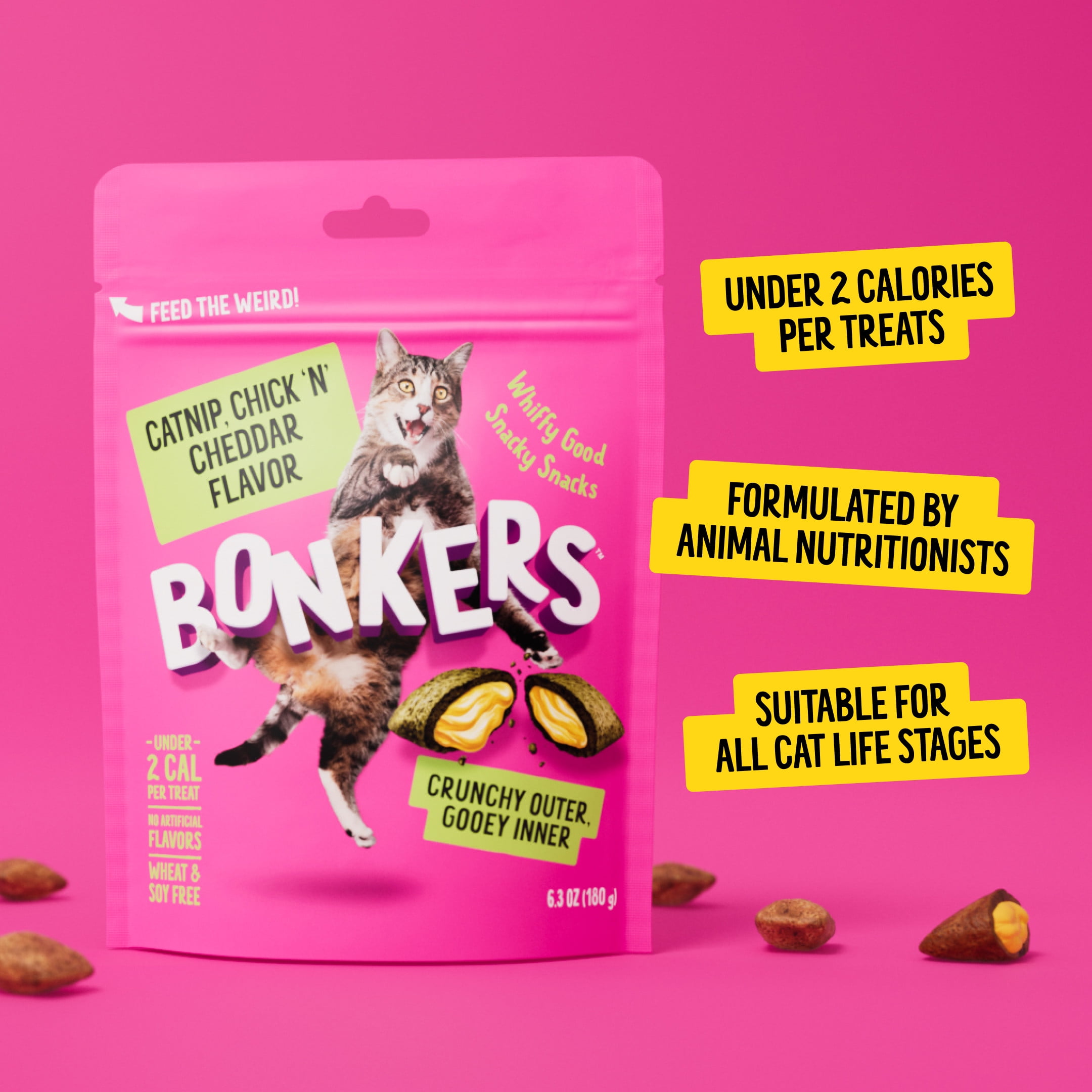 (6 pack) BONKERS Bites Catnip & Chick 'N' Cheddar Flavor Crunchy & Soft Treats for Cats, 30oz Tub