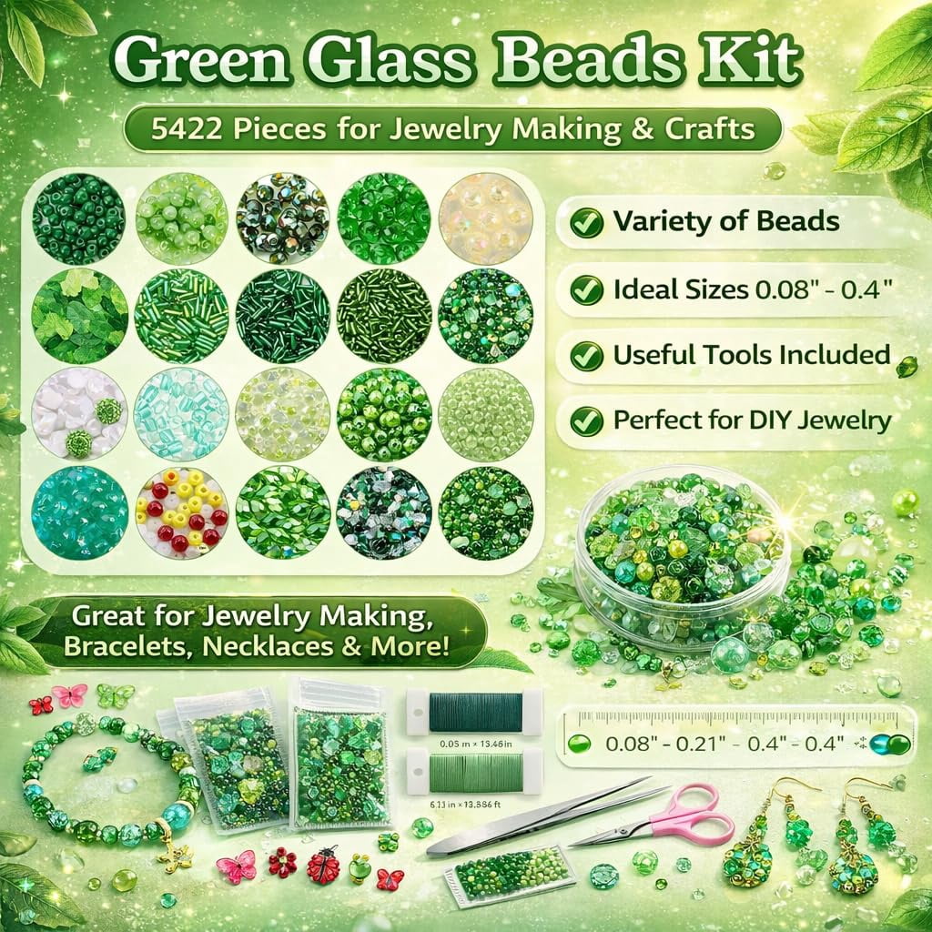 2026 Upgrade 5500 Pcs DIY Beaded Plant Kit, Green Beads for Beaded Plants, Forever Plant Kit for DIY Plant Making, Leaf Beads for Jewelry Making, for Jewelry Making DIY Craft