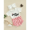 thumbnail image 3 of Gureui Kids Baby Girls Clothes Set,Letter Short Sleeve T-shirt and Plaid Shorts  Headband 3Pcs Outfit Set, 3 of 8