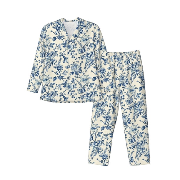 Balery Vintage Blue Floral Pijama para Hombre de Dos Piezas con Manga Larga, Conjunto de Dormir y Descanso Suave con Bolsillos-Large