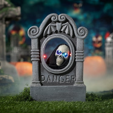 Morris Costumes 1.8 ft Gray Tombstone with Light-Up Moving Skeleton Head Decoration - Gray