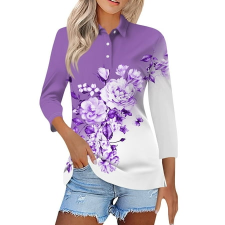 SKSloeg Polo Shirts for Women 3/4 Sleeve Business Casual Graphic T-Shirts Polos Collared V Neck Bohemian Floral Print Casual Fitted Basic Tees Blouse Purple M