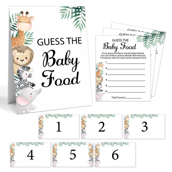Jungle Adventure Baby Food Guessing Game Set with 25 Answer Cards, 6 Number Cards, and Standing Sign for Fun Baby Shower Celebrations and Memorable Moments
