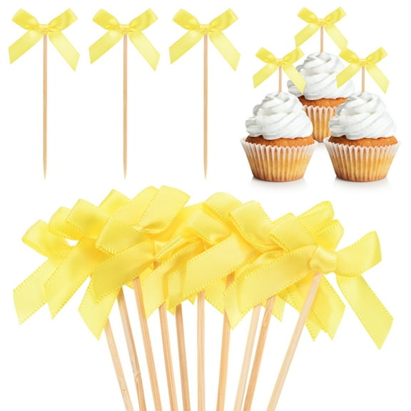 Uxcell 30-Pack Bow Cupcake Toppers, Ribbon Bow Cake Toppers Bowknot Cupcake Picks Birthday Cake Decor for Bridal Shower [Yellow]