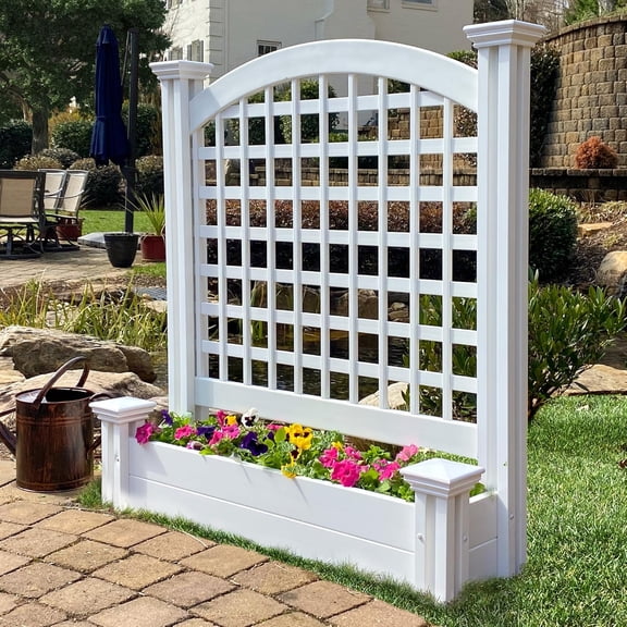 45.5in H x 42in W x 15in L (1 Screen w/Planter) Freestanding Enclo Belmont Privacy Screen with Planter Box, Outdoor White Vinyl Privacy Planter for Patio, Privacy Wall Outdoor Privacy Screen, EC18032