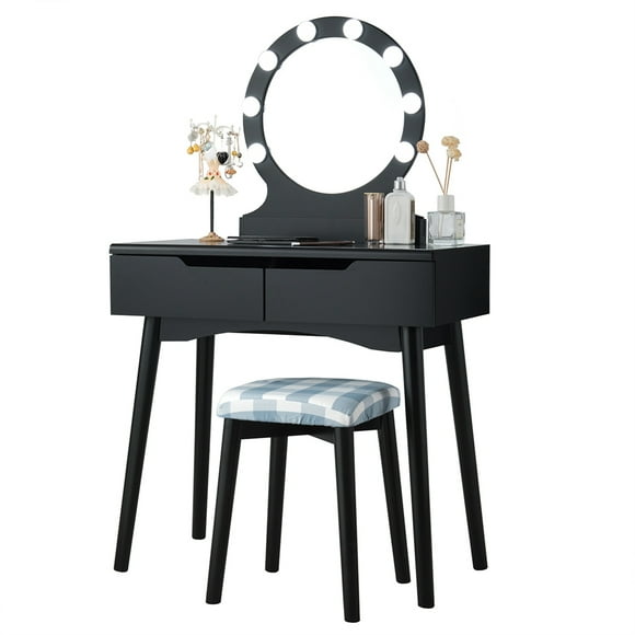 Costway Vanity Makeup Dressing Set w/8 Dimmable Bulbs Lighted Mirror Touch Switch Black