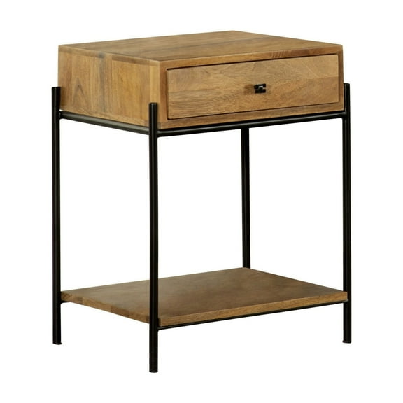 22 Inch 1 Drawer Accent Table Open Shelf Black Iron Frame Natural Brown