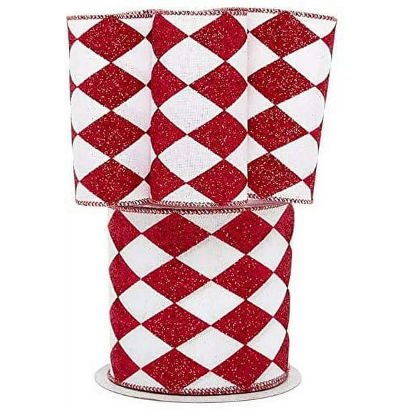 Red White Diamonds Harlequin Ribbon - 4" x 10 Yards, Argyle, Red Wire Edged, Glitter, Valentine's Day, Mardi Gras, Christmas, Wreath