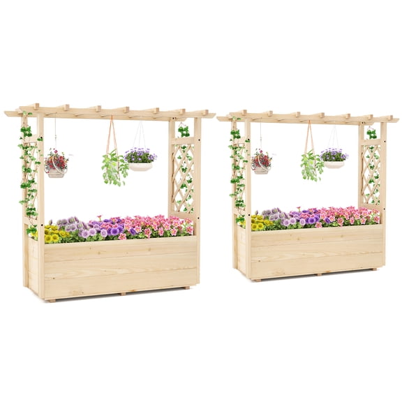 Gymax 2PCS Wooden Raised Garden Bed/ Lattice Trellises Hanging Roof Drainage Outdoor
