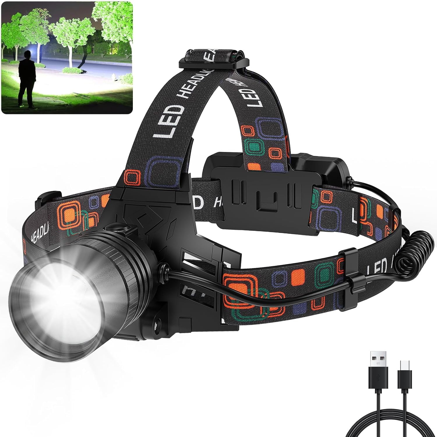 PUNLIM Led Rechargeable Headlamp,P70 LED Super Bright Head Lamp High Lumens With 6 Modes