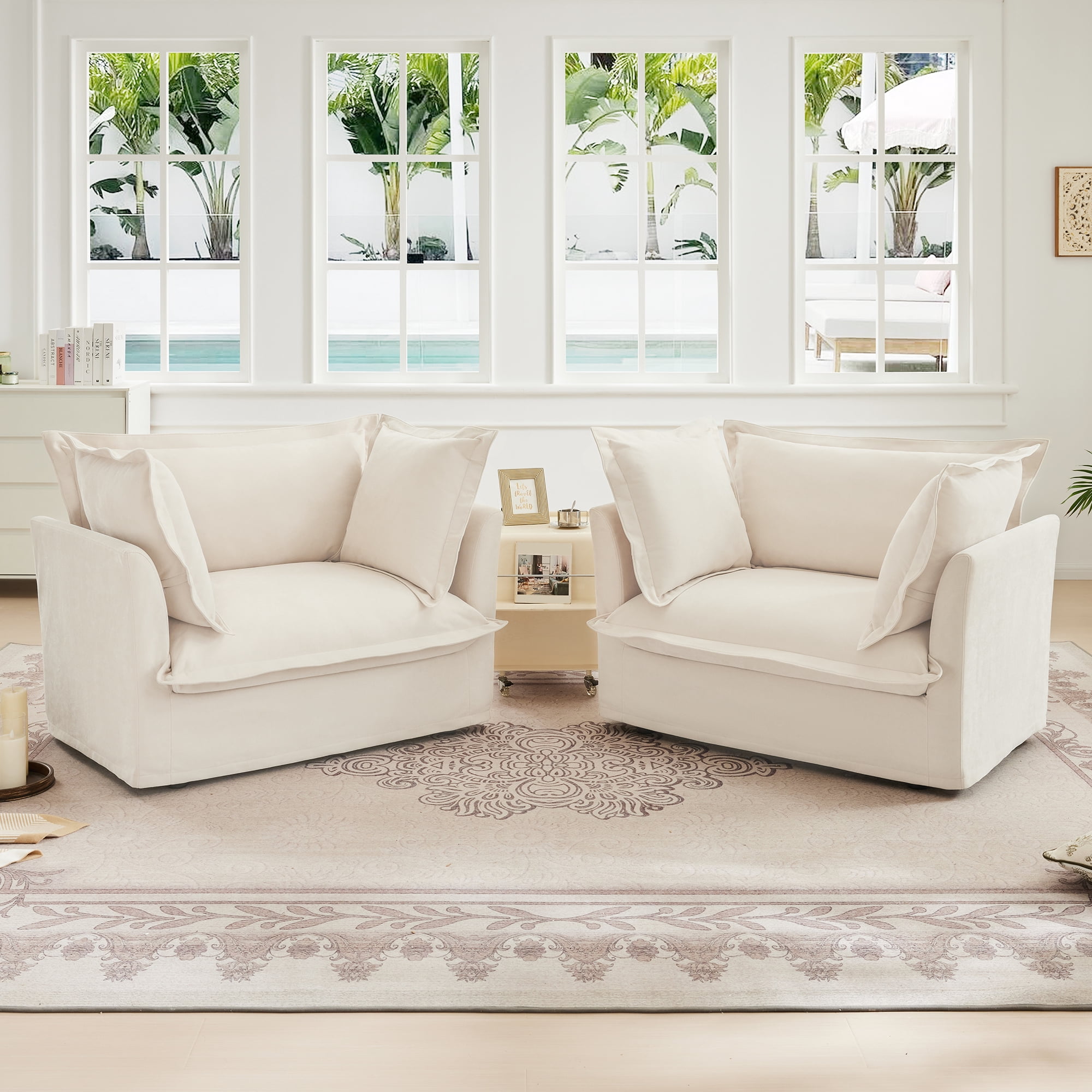 Gewnee Set of 2 Slipcovered Chenille Fabric Cream Armchairs Deep Seat Accent Chair Set for Living Room