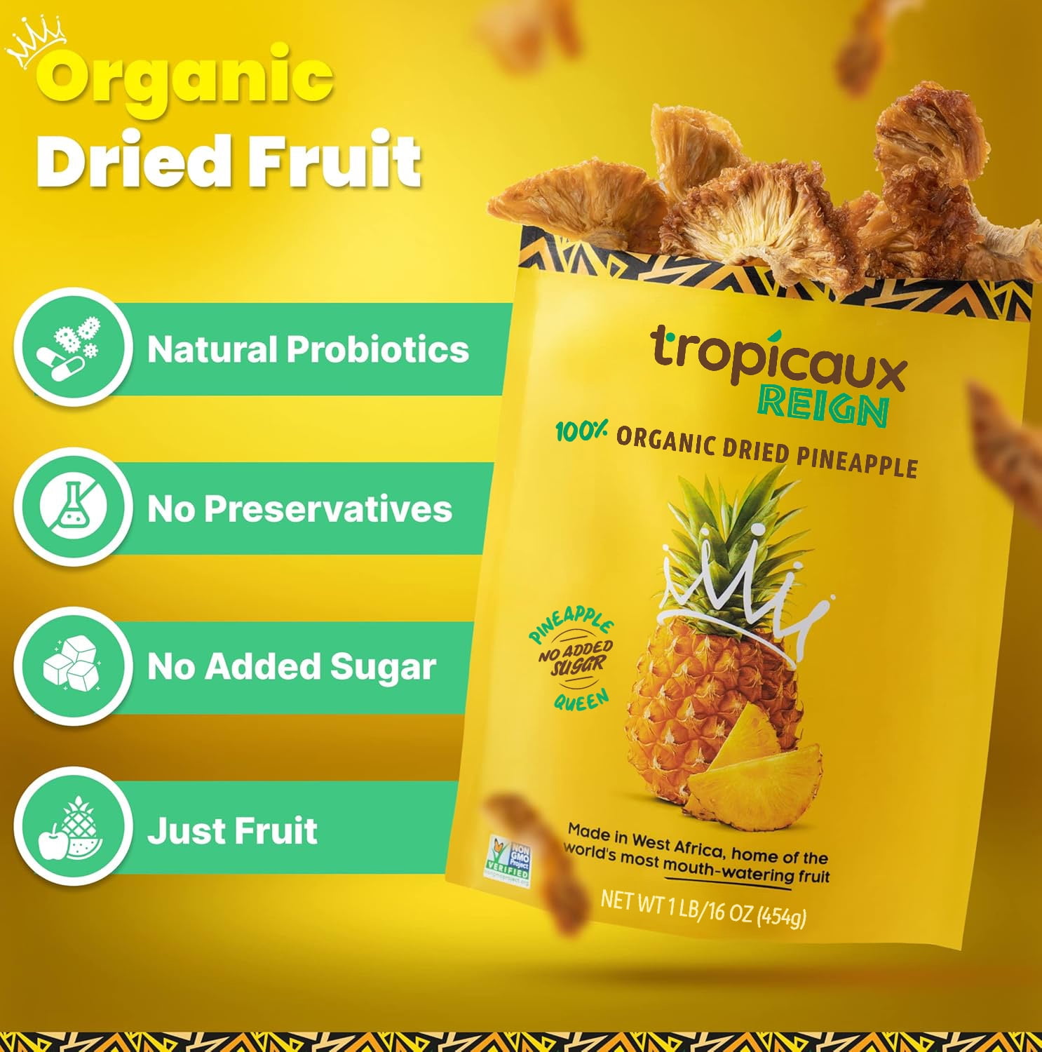 Tropicaux Reign Organic Non-GMO Dried Pineapple No Sugar Added, 16oz, Pack of 1 (16oz Total)