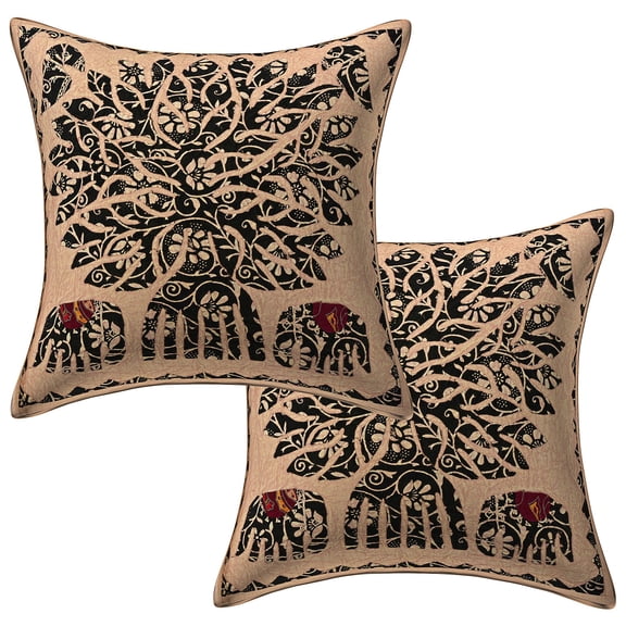 Stylo Culture Indian Decorative Throw Pillow Covers Beige 16 x 16 Applique Patchwork Black Bohemian 40cm x 40cm Living Room Cotton Tree Of Life Square Cushion Covers | Set Of 2