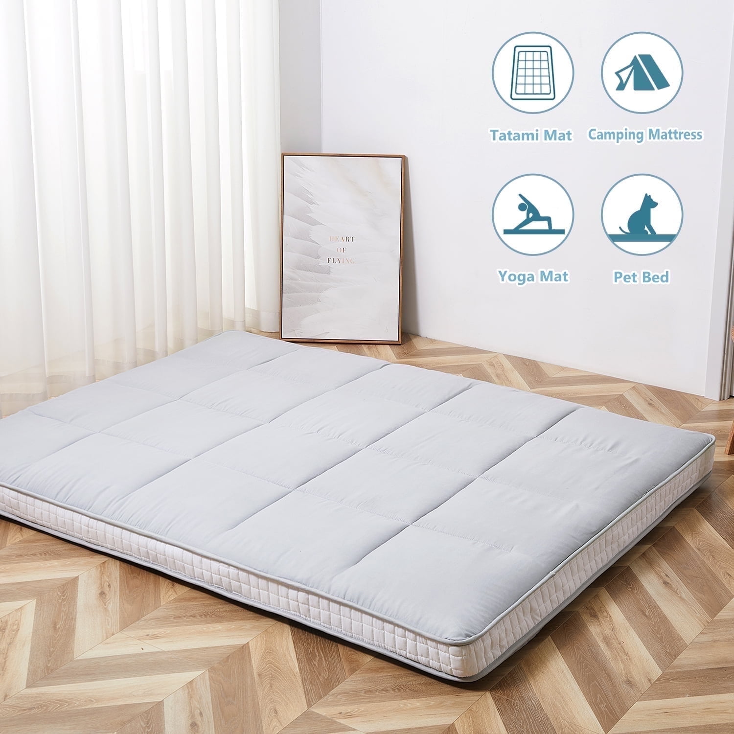 BRONKIGE Japanese Floor Mattress, Extra Thick Memory Foam Futon Mattress, Foldable Roll Up Sleeping Pad with Bandage and Storage Bag, Twin, Gray