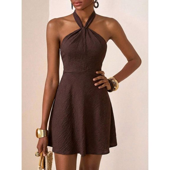 Brown Halter Neck A-Line Mini Dress With Ruffle Hem, Casual Streetwear Style For Women