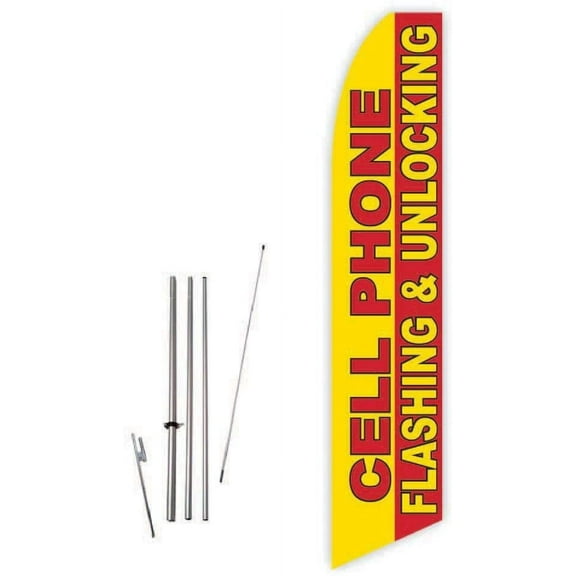 Cell Phone Flashing & Unlocking Yellow/Red Super Novo Feather Flag - Complete with 15ft Pole Set and Ground Spike