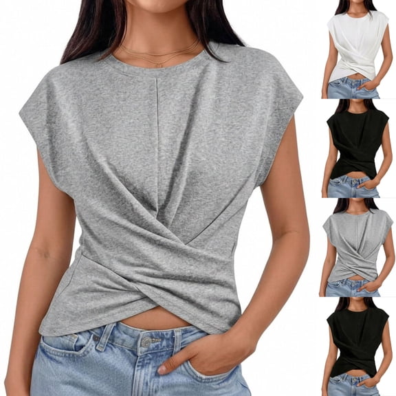 Favoffer Women's Strap Hem T-Shirts Round Neck Short Sleeve Slim Fit Casual Tops Knit Blouses Versatile Tees for Summer Outings Errands Streetwear Daily