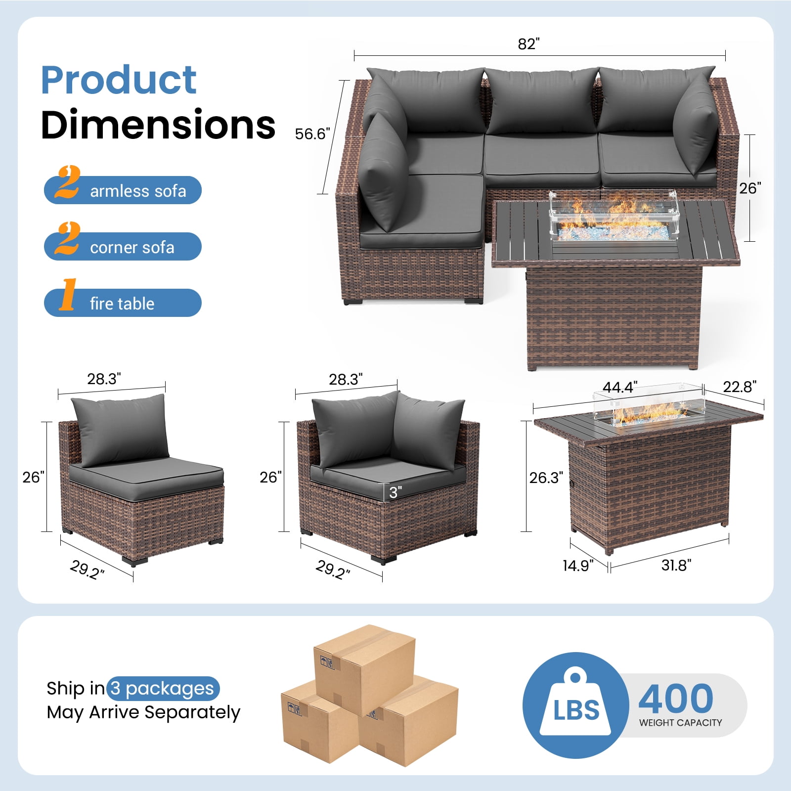 ELPOSUN 5 Pieces Patio Furniture Set All Weather Outdoor Sectional Sofa, Outdoor Modern Sectional Furniture Wicker Couch with Fire Pit Table, Thicken Gray Cushions, Water Resistant