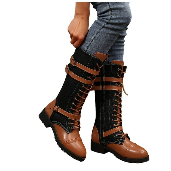 Chenyee Womens Knee High Boots Strappy Lace Up Gothic Vintage Punk Buckle Flat Combat Riding Booties
