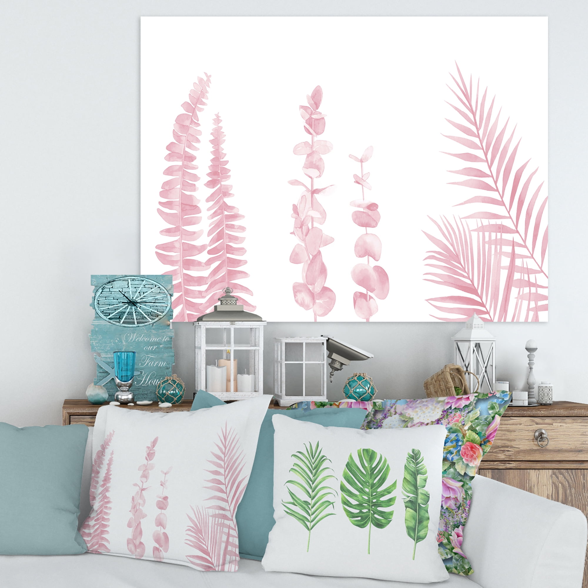 Designart ' Palm Branches and Blush Pinkeucalyptus ' Shabby Chic Canvas Wall Art Print
