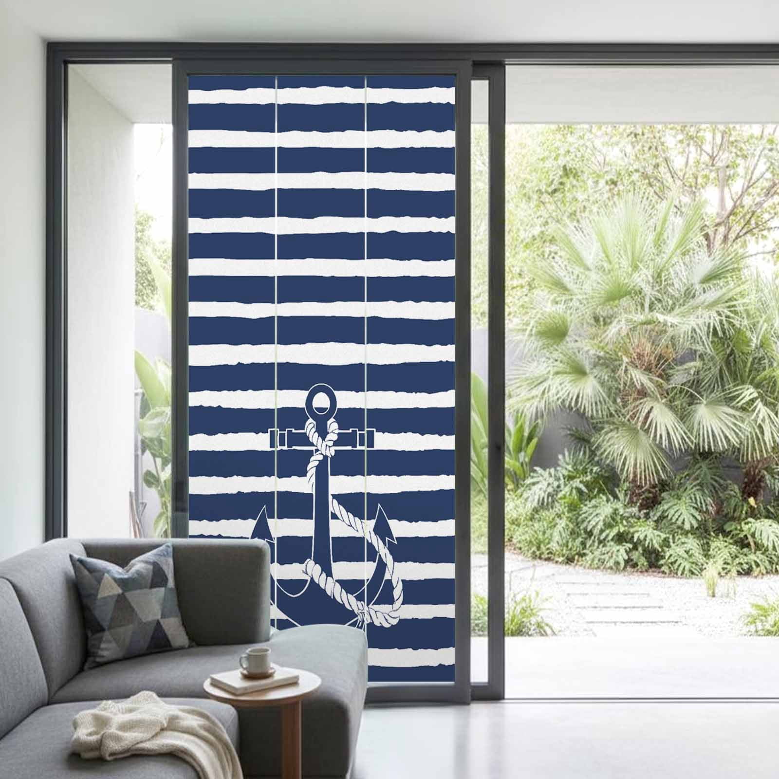 Nautical Window Privacy Film Navy Blue and White Striped Retro Anchor Decorative Glass Window Film UV Blocking Static Cling Non-Adhesive Sticker Covering for Home Door 35.4x78.7 inches