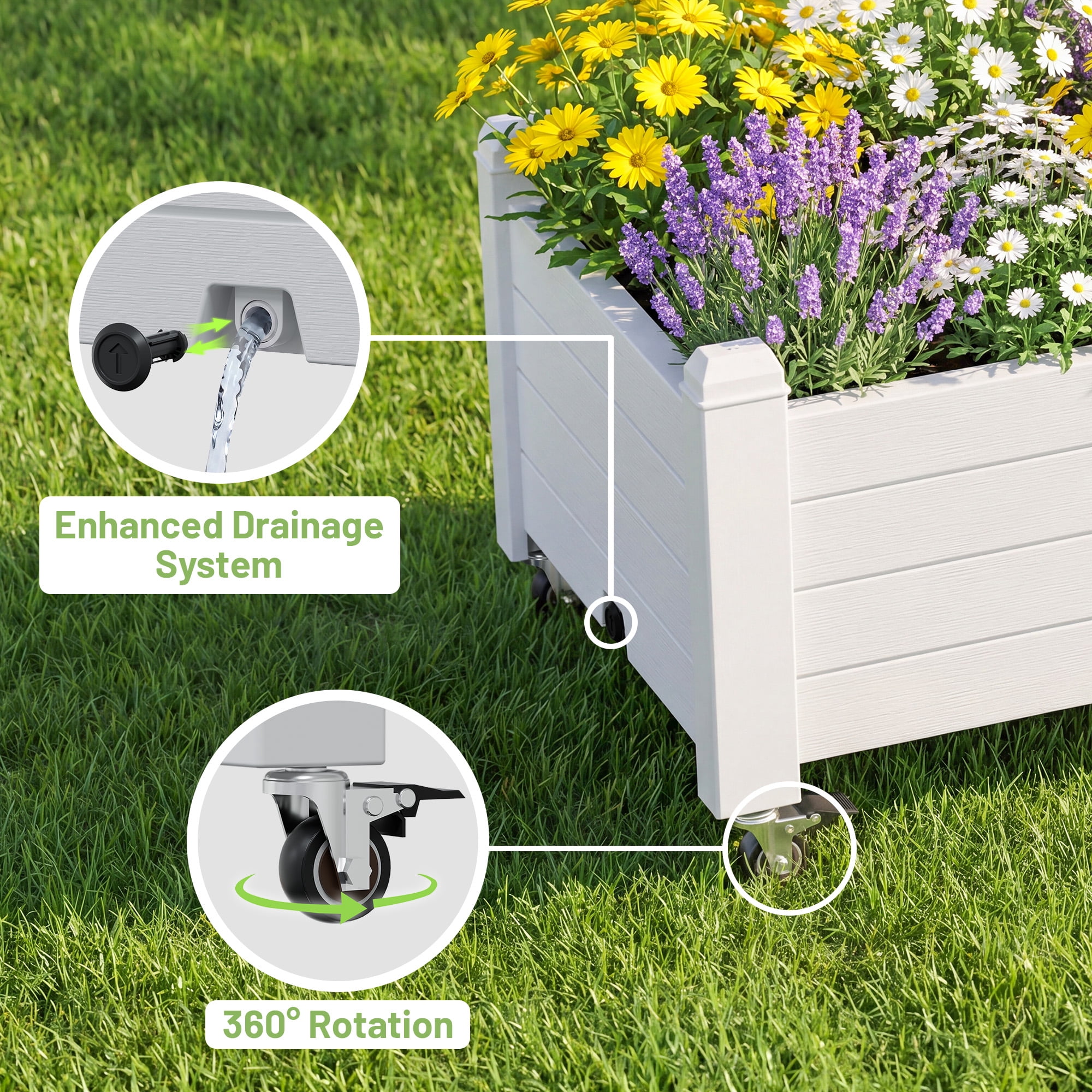 Nihsuao Mobile Raised Garden Bed with Lockable Wheels, Weather-Resistant Wood-Grain Planter Box for Patio, Balcony, Herb & Vegetable Growing, White