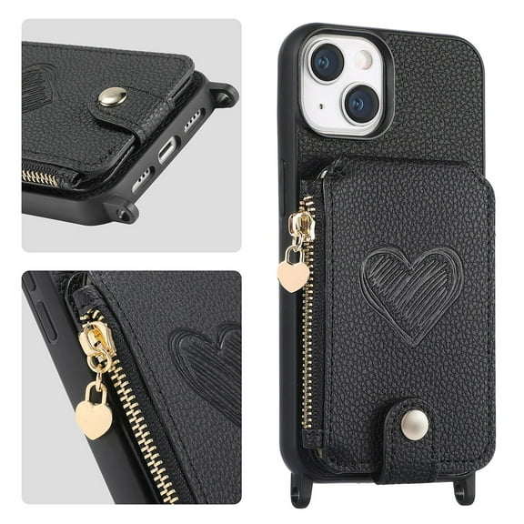 SaniMore Case for iPhone 15 Plus (6.7" 2023), [Crossbody Adjustable Lanyard Zipper Wallet Card Slots] PU Leather Luxury Love Heart Kickstand Magnetic Car Mount Wallet Cover foe Girls Women, Black