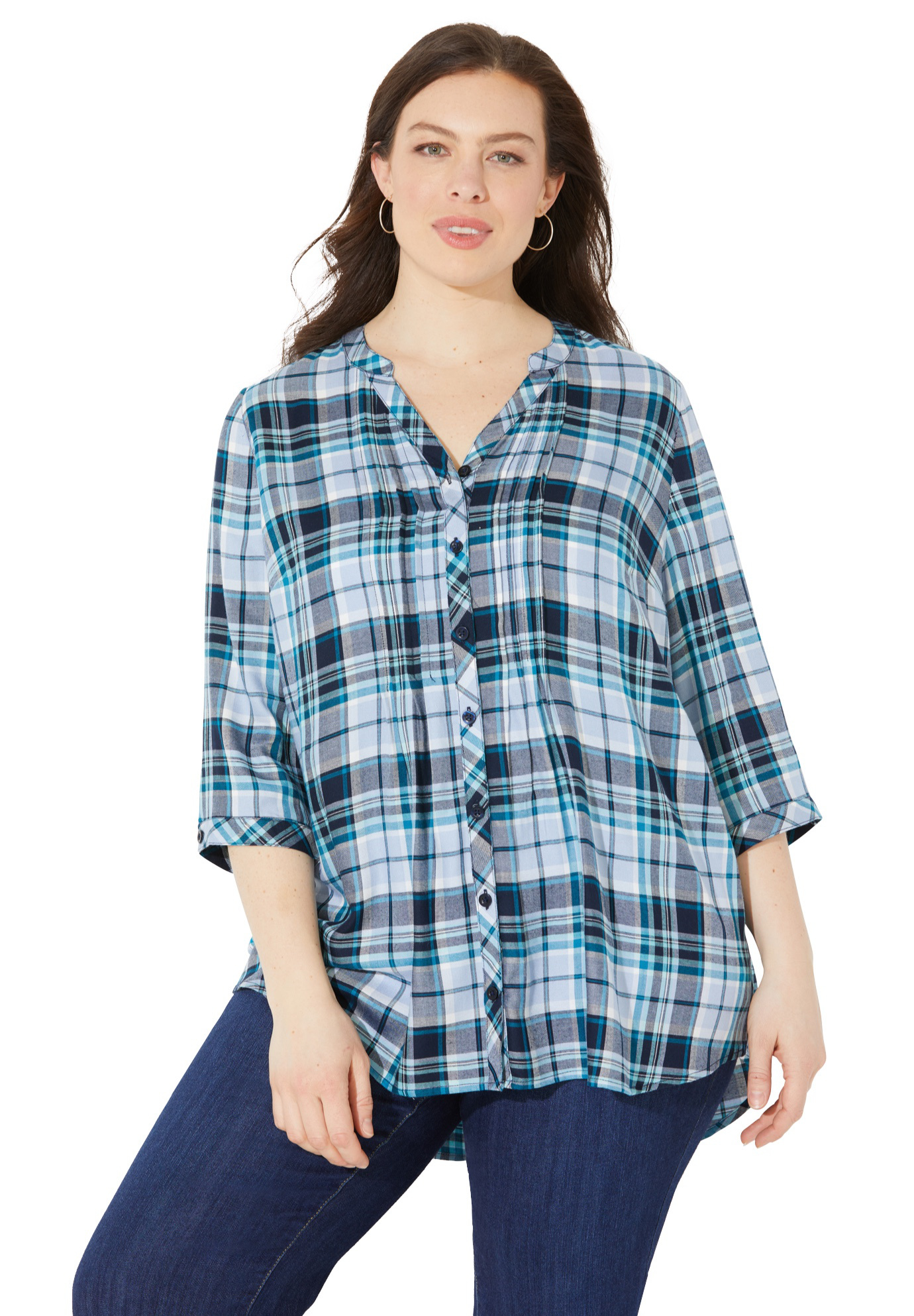 Petite Effortless Pintuck Plaid Tunic 