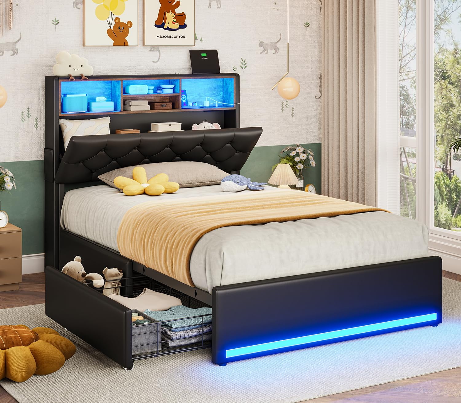 Twin Bed Frames with Drawers,Upholstered Storage Headboard,LED Bed Frame Twin with Charging Station,Black PU