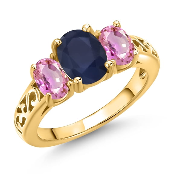 Gem Stone King 18K Yellow Gold Plated Silver Blue Sapphire and Pink Sapphire Filigree Style 3 Stone Ring for Women (3.00 Cttw, Oval 8X6MM and 6X4MM) (Size 6)