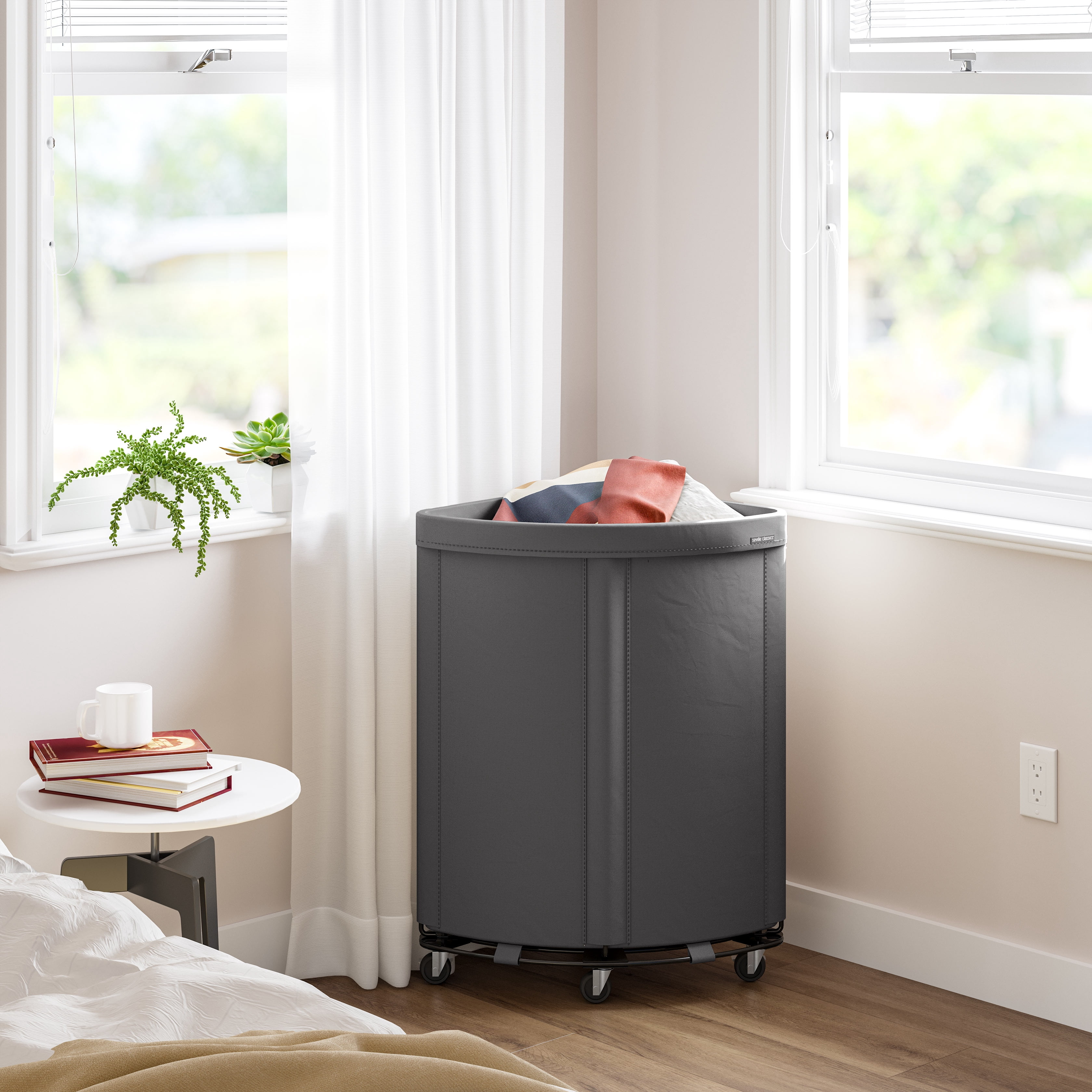 Seville Classics Corner Heavy Duty Rolling Steel Frame Laundry Hamper Canvas Cart Bin, w/ Wheels for Hotel, Home, Closet, Bedroom, Gray, 24" W x 17.7" D