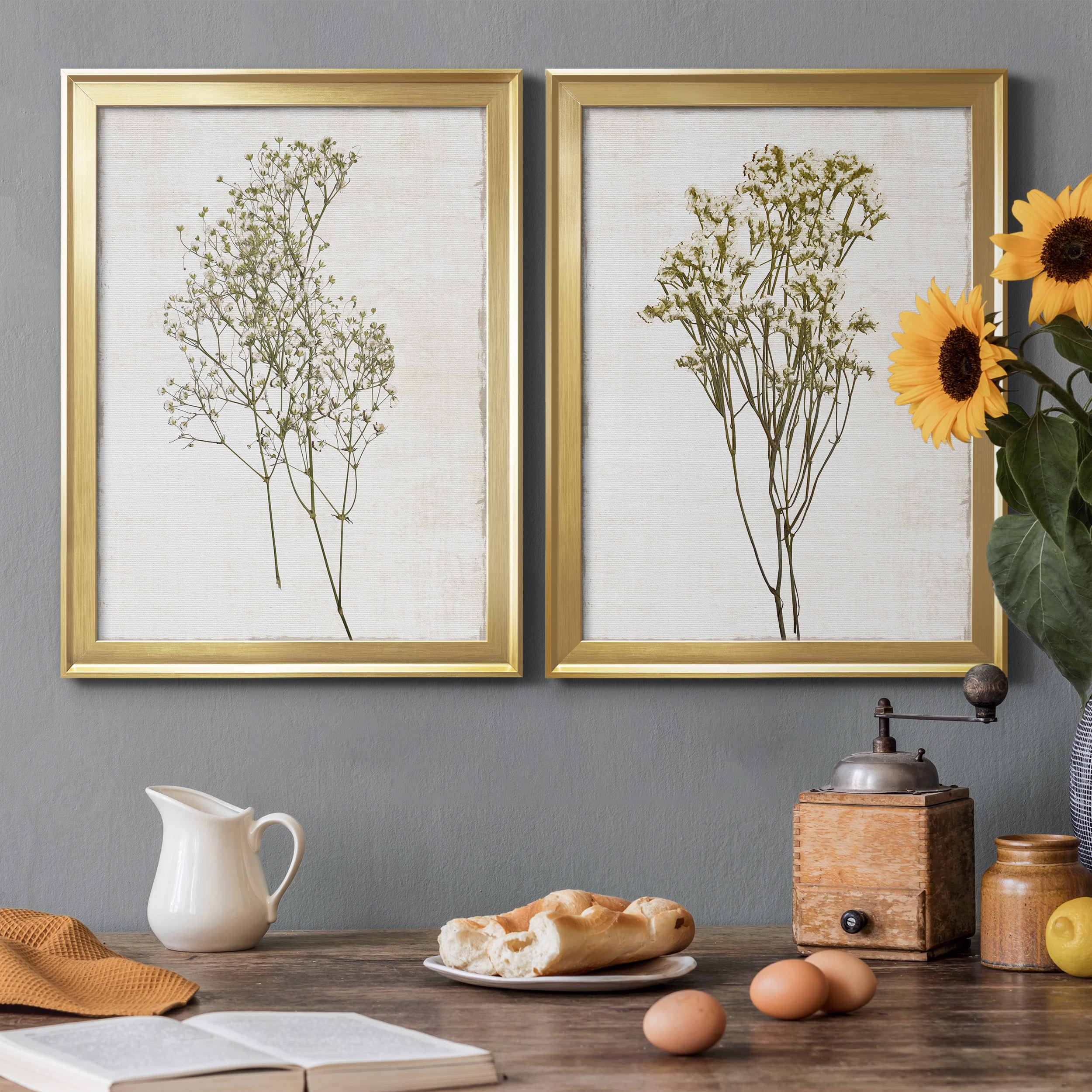 2 Piece Set Farmhouse Pressed Flower I Premium Framed Canvas - Ready to Hang - 22.5 x 30.5 Each - Gold Frame