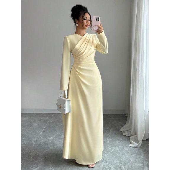 Womens Elegant Butter Yellow Long Sleeve Maxi Dress - Round Neck Waist