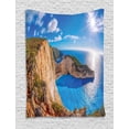 thumbnail image 1 of Greece Tapestry, Vivid Illustration of Navagio Beach Sunrise Zakynthos Island, Wall Hanging for Bedroom Living Room Dorm Decor, 60W X 80L Inches, Azure Blue White, by Ambesonne, 1 of 2