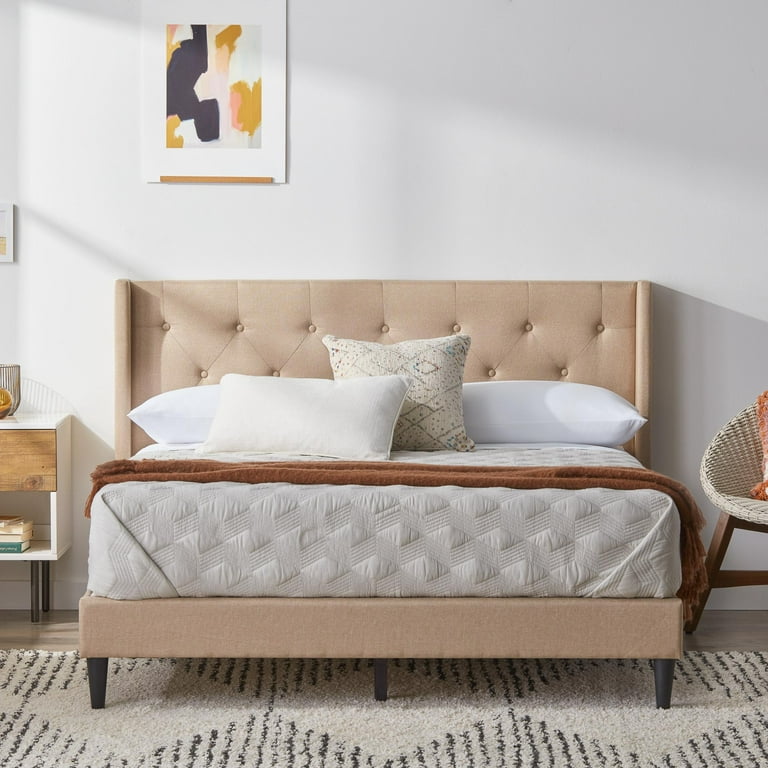 Rest Haven Linen Inspired Diamond Tufted Wingback Upholstered Bed Queen Beige Walmart