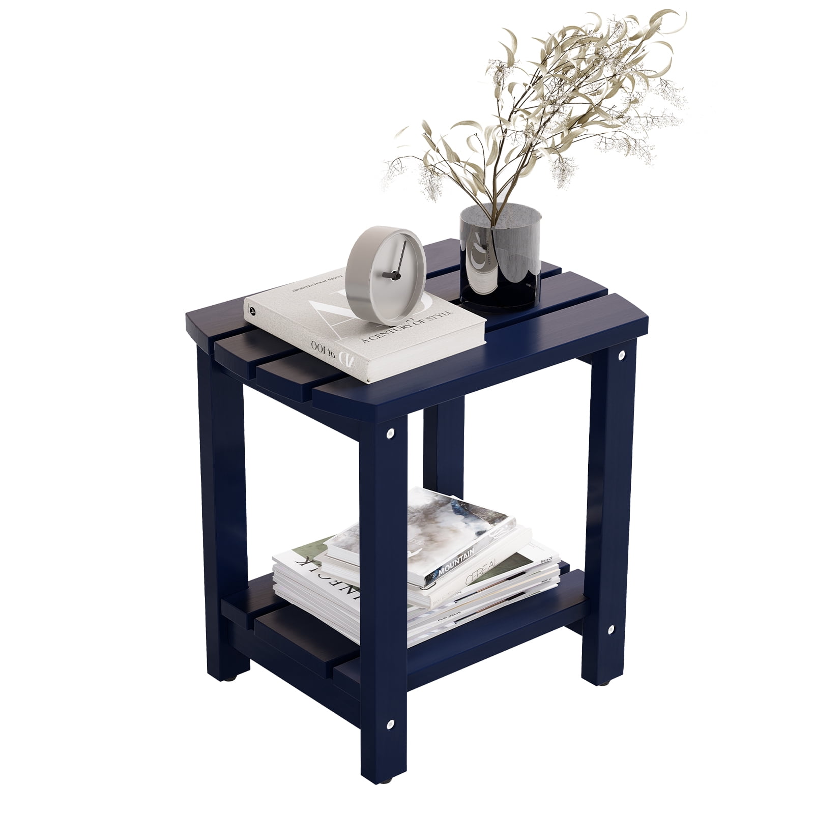 Indoor Outdoor Mid-Century Weather-Resistant Pine Wood Rectangle End Table, Navy Blue (2PCS)