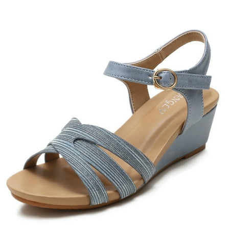 

Aayomet Platform Sandals Summer Slope Heel Sandals Women Casual Fashion One Word Buckle Belt In Thick Heel Women Shoes Blue 8