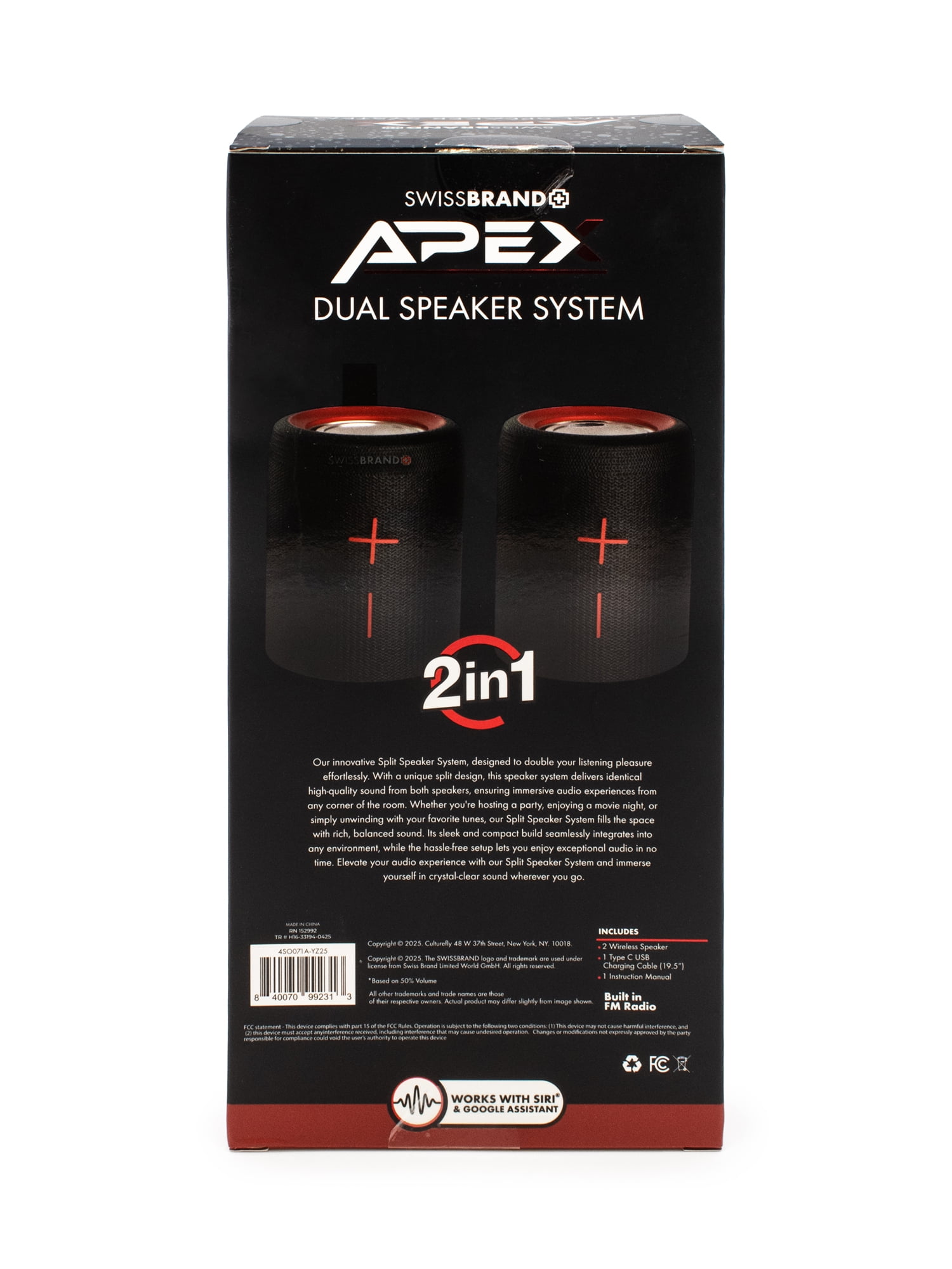 Swissbrand Apex 2-in-1 Portable Bluetooth Speaker – 360° Sound, Detachable Design, USB-C Charging, IPX5 Water Resistant