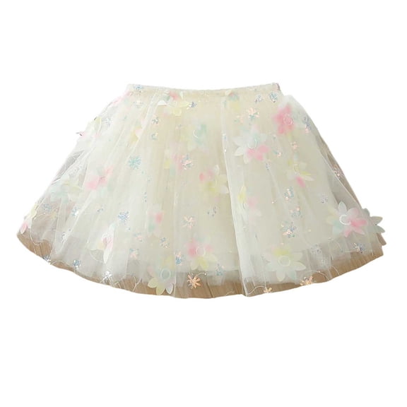 Floleo Girls Floral Tulle Tutu Skirt Kids Elastic Waist Layered Mesh Skirt 3D Flower Applique Skirt Lightweight Party Skirt for Play and Special Occasions(Beige,7 Years)