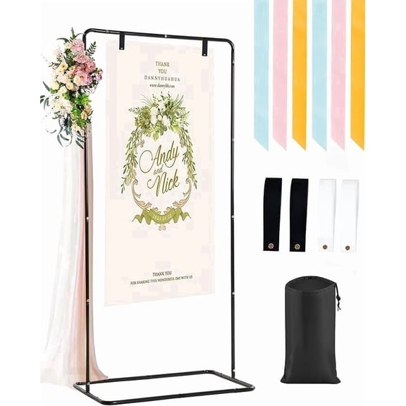 Fullvaseer Adjustable Wedding Sign Holder with 4 Leather Sign Hanging Straps Black 1 Pack,69inch