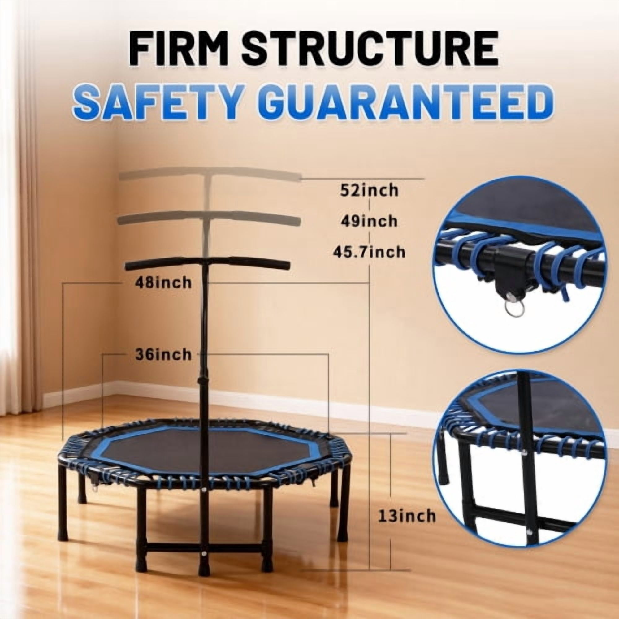 48 inch Foldable Fitness Trampoline for Adults, 450lbs Capacity Heavy Duty Rebounder with Adjustable Handlebar, Quiet Durable Bungee Rope, Low Impact Cardio & Strength Training Equipment for Home Gym