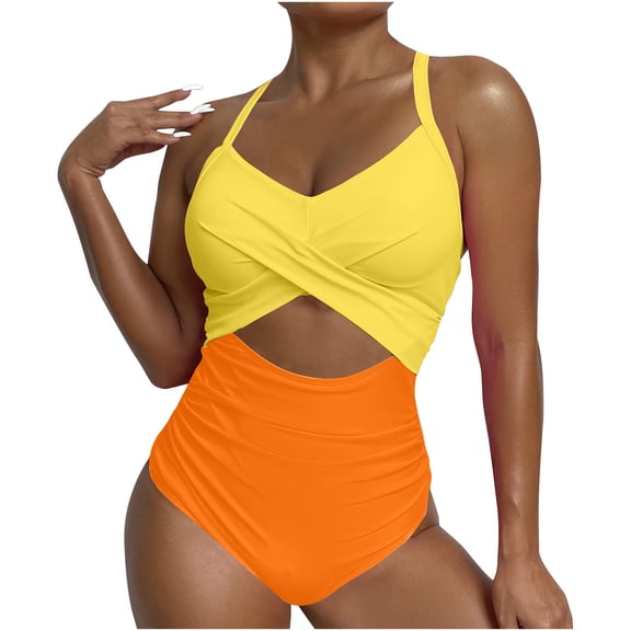 Itsame Womens One-Piece Swimsuit, Color Block Big Size Strap Backless Bathing Suit Yellow S-XXL