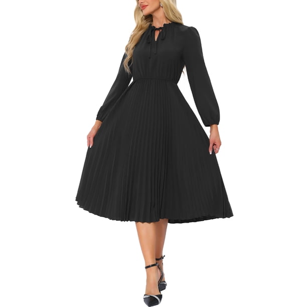 Vestido Midi A-Line de Manga Larga con Cinta en V Plisado para Mujer INSPIRE CHIC M Negro