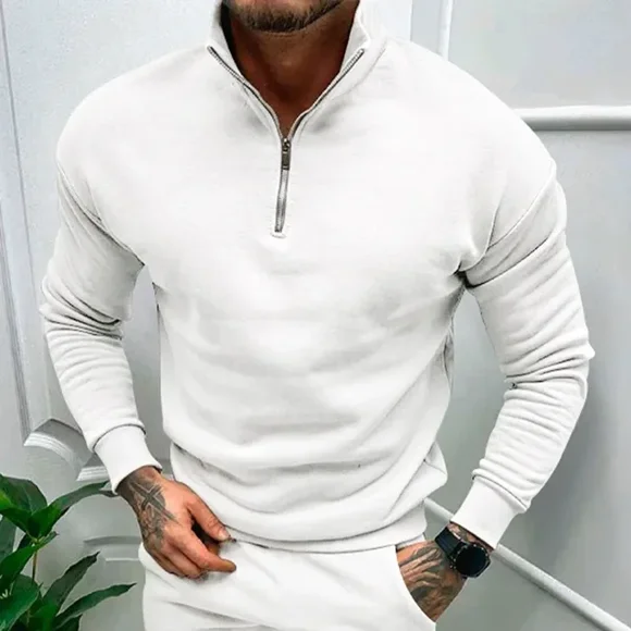 Men's Autumn Essentials Thick Warm Knitted Sweaters Comfy Clothing Half Zip Fleece Winter Coat Solid Long Sleeve Turtleneck Shirts Pullover Men White