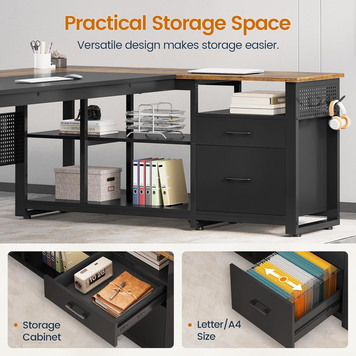 71 in Executive Desk with Power Outlets, Large Office Desk Computer Desk with Pegboard,Reversible L Shaped Desk with File Drawers & Storage Shelves,  Mobile CPU Stand