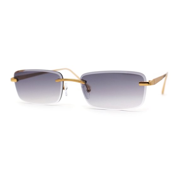 Rimless Narrow Rectangle Luxury Beveled Lens Dad Shade Sunglasses Gold - Smoke
