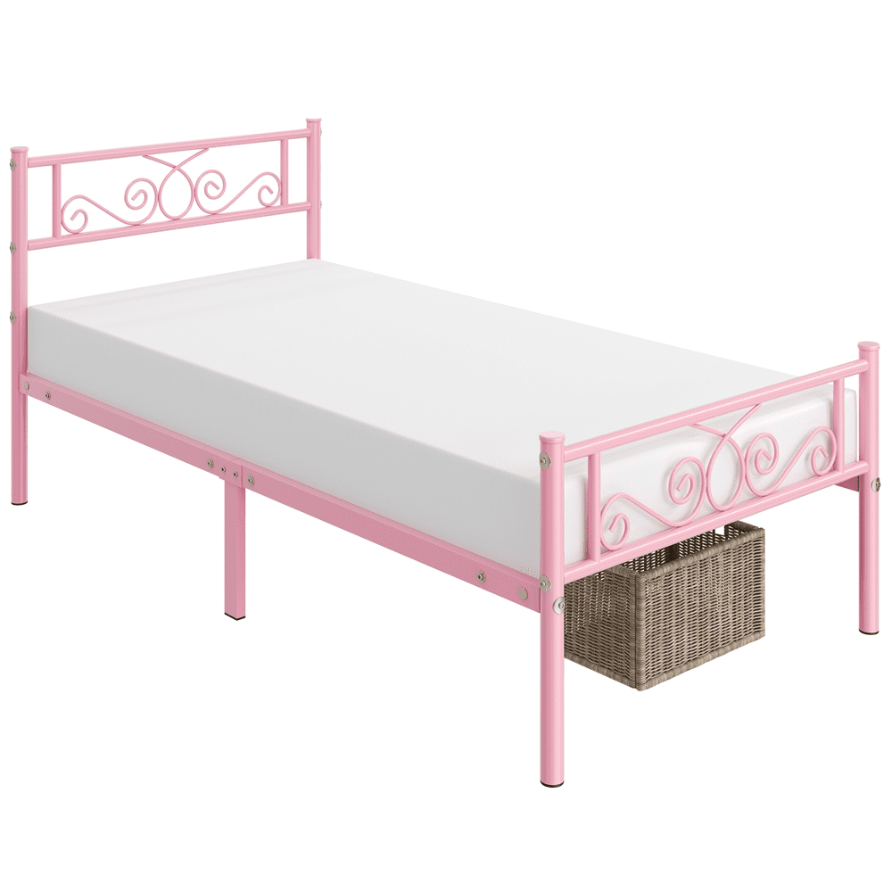 Renwick Graceful Scroll Metal Platform Bed with Headboard and Footboard, Twin, Pink